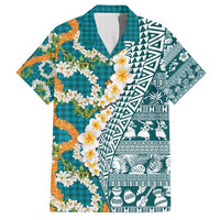 Hawaiian Plumeria Lei Family Matching Short Sleeve Bodycon Dress and Hawaiian Shirt Kakau Motifs and Palaka Half Style Turquoise Color - Polynesian Pride