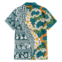 Hawaiian Plumeria Lei Family Matching Short Sleeve Bodycon Dress and Hawaiian Shirt Kakau Motifs and Palaka Half Style Turquoise Color - Polynesian Pride