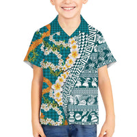 Hawaiian Plumeria Lei Family Matching Short Sleeve Bodycon Dress and Hawaiian Shirt Kakau Motifs and Palaka Half Style Turquoise Color - Polynesian Pride