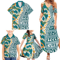 Hawaiian Plumeria Lei Family Matching Summer Maxi Dress and Hawaiian Shirt Kakau Motifs and Palaka Half Style Turquoise Color - Polynesian Pride