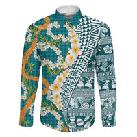 Hawaiian Plumeria Lei Family Matching Summer Maxi Dress and Hawaiian Shirt Kakau Motifs and Palaka Half Style Turquoise Color LT03 Dad's Shirt - Long Sleeve Turquoise - Polynesian Pride