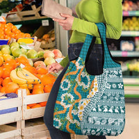 Hawaiian Plumeria Lei Grocery Bag Kakau Motifs and Palaka Half Style Turquoise Color - Polynesian Pride