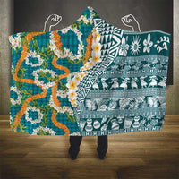 Hawaiian Plumeria Lei Hooded Blanket Kakau Motifs and Palaka Half Style Turquoise Color - Polynesian Pride