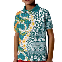 Hawaiian Plumeria Lei Kid Polo Shirt Kakau Motifs and Palaka Half Style Turquoise Color - Polynesian Pride