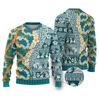 Hawaiian Plumeria Lei Ugly Christmas Sweater Kakau Motifs and Palaka Half Style Turquoise Color - Polynesian Pride