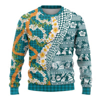 Hawaiian Plumeria Lei Ugly Christmas Sweater Kakau Motifs and Palaka Half Style Turquoise Color - Polynesian Pride