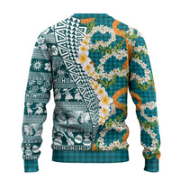 Hawaiian Plumeria Lei Ugly Christmas Sweater Kakau Motifs and Palaka Half Style Turquoise Color - Polynesian Pride