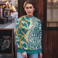 Hawaiian Plumeria Lei Ugly Christmas Sweater Kakau Motifs and Palaka Half Style Turquoise Color - Polynesian Pride