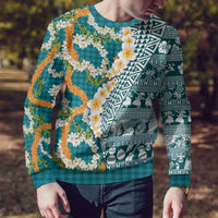 Hawaiian Plumeria Lei Ugly Christmas Sweater Kakau Motifs and Palaka Half Style Turquoise Color - Polynesian Pride