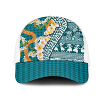 Hawaiian Plumeria Lei Mesh Trucker Cap Kakau Motifs and Palaka Half Style Turquoise Color - Polynesian Pride