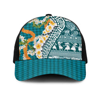 Hawaiian Plumeria Lei Mesh Trucker Cap Kakau Motifs and Palaka Half Style Turquoise Color - Polynesian Pride