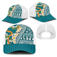 Hawaiian Plumeria Lei Mesh Trucker Cap Kakau Motifs and Palaka Half Style Turquoise Color - Polynesian Pride