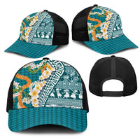 Hawaiian Plumeria Lei Mesh Trucker Cap Kakau Motifs and Palaka Half Style Turquoise Color - Polynesian Pride