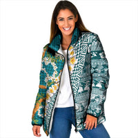 Hawaiian Plumeria Lei Padded Jacket Kakau Motifs and Palaka Half Style Turquoise Color - Polynesian Pride