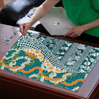 Hawaiian Plumeria Lei Puzzle Kakau Motifs and Palaka Half Style Turquoise Color - Polynesian Pride