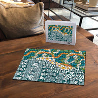 Hawaiian Plumeria Lei Puzzle Kakau Motifs and Palaka Half Style Turquoise Color - Polynesian Pride