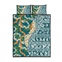 Hawaiian Plumeria Lei Quilt Bed Set Kakau Motifs and Palaka Half Style Turquoise Color - Polynesian Pride