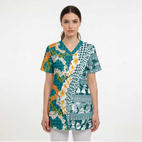 Hawaiian Plumeria Lei Scrub Top Kakau Motifs and Palaka Half Style Turquoise Color - Polynesian Pride