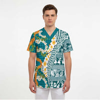 Hawaiian Plumeria Lei Scrub Top Kakau Motifs and Palaka Half Style Turquoise Color - Polynesian Pride