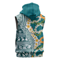 Hawaiian Plumeria Lei Sleeveless Hoodie Kakau Motifs and Palaka Half Style Turquoise Color - Polynesian Pride