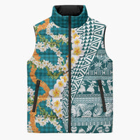 Hawaiian Plumeria Lei Sleeveless Puffer Jacket Kakau Motifs and Palaka Half Style Turquoise Color - Polynesian Pride