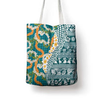 Hawaiian Plumeria Lei Tote Bag Kakau Motifs and Palaka Half Style Turquoise Color - Polynesian Pride