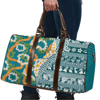 Hawaiian Plumeria Lei Travel Bag Kakau Motifs and Palaka Half Style Turquoise Color - Polynesian Pride