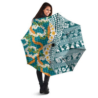 Hawaiian Plumeria Lei Umbrella Kakau Motifs and Palaka Half Style Turquoise Color - Polynesian Pride
