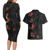 Hawaiian Kakau Art Couples Matching Long Sleeve Bodycon Dress and Hawaiian Shirt Taro Leaves with Ohia Lehua and Pakala Pattern - Polynesian Pride