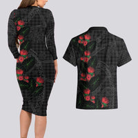 Hawaiian Kakau Art Couples Matching Long Sleeve Bodycon Dress and Hawaiian Shirt Taro Leaves with Ohia Lehua and Pakala Pattern - Polynesian Pride