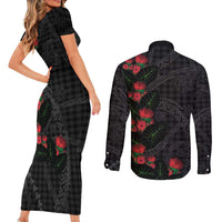 Hawaiian Kakau Art Couples Matching Short Sleeve Bodycon Dress and Long Sleeve Button Shirt Taro Leaves with Ohia Lehua and Pakala Pattern - Polynesian Pride
