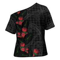 Hawaiian Kakau Art Cross Shoulder Shirt Taro Leaves with Ohia Lehua and Pakala Pattern LT03 - Polynesian Pride