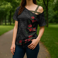 Hawaiian Kakau Art Cross Shoulder Shirt Taro Leaves with Ohia Lehua and Pakala Pattern LT03 - Polynesian Pride
