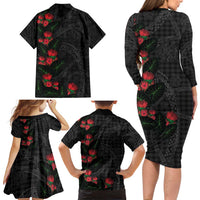 Hawaiian Kakau Art Family Matching Long Sleeve Bodycon Dress and Hawaiian Shirt Taro Leaves with Ohia Lehua and Pakala Pattern - Polynesian Pride