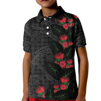 Hawaiian Kakau Art Kid Polo Shirt Taro Leaves with Ohia Lehua and Pakala Pattern LT03 Kid Black - Polynesian Pride