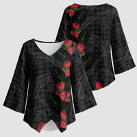 Hawaiian Kakau Art Kimono Sleeve Blouse Taro Leaves with Ohia Lehua and Pakala Pattern - Polynesian Pride