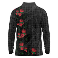 Hawaiian Kakau Art Long Sleeve Polo Shirt Taro Leaves with Ohia Lehua and Pakala Pattern - Polynesian Pride