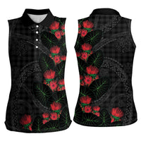 Hawaiian Kakau Art Women Sleeveless Polo Shirt Taro Leaves with Ohia Lehua and Pakala Pattern - Polynesian Pride