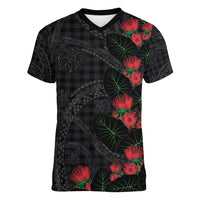 Hawaiian Kakau Art Women V-Neck T-Shirt Taro Leaves with Ohia Lehua and Pakala Pattern - Polynesian Pride