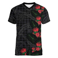 Hawaiian Kakau Art Women V-Neck T-Shirt Taro Leaves with Ohia Lehua and Pakala Pattern - Polynesian Pride