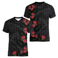 Hawaiian Kakau Art Women V-Neck T-Shirt Taro Leaves with Ohia Lehua and Pakala Pattern - Polynesian Pride