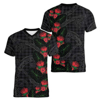 Hawaiian Kakau Art Women V-Neck T-Shirt Taro Leaves with Ohia Lehua and Pakala Pattern - Polynesian Pride