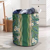 Hawaiian Art Flower Tribal with Lei Laundry Basket Palaka Pattern Green Color - Polynesian Pride
