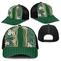 Hawaiian Art Flower Tribal with Lei Baseball Net Cap Palaka Pattern Green Color - Polynesian Pride
