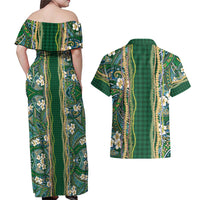 Hawaiian Art Flower Tribal with Lei Couples Matching Off Shoulder Maxi Dress and Hawaiian Shirt Palaka Pattern Green Color - Polynesian Pride
