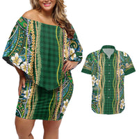 Hawaiian Art Flower Tribal with Lei Couples Matching Off Shoulder Short Dress and Hawaiian Shirt Palaka Pattern Green Color - Polynesian Pride