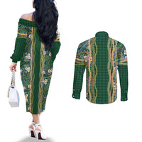 Hawaiian Art Flower Tribal with Lei Couples Matching Off The Shoulder Long Sleeve Dress and Long Sleeve Button Shirt Palaka Pattern Green Color - Polynesian Pride