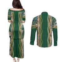 Hawaiian Art Flower Tribal with Lei Couples Matching Puletasi and Long Sleeve Button Shirt Palaka Pattern Green Color - Polynesian Pride