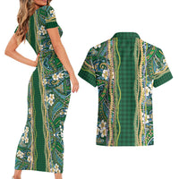 Hawaiian Art Flower Tribal with Lei Couples Matching Short Sleeve Bodycon Dress and Hawaiian Shirt Palaka Pattern Green Color - Polynesian Pride