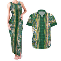 Hawaiian Art Flower Tribal with Lei Couples Matching Tank Maxi Dress and Hawaiian Shirt Palaka Pattern Green Color - Polynesian Pride